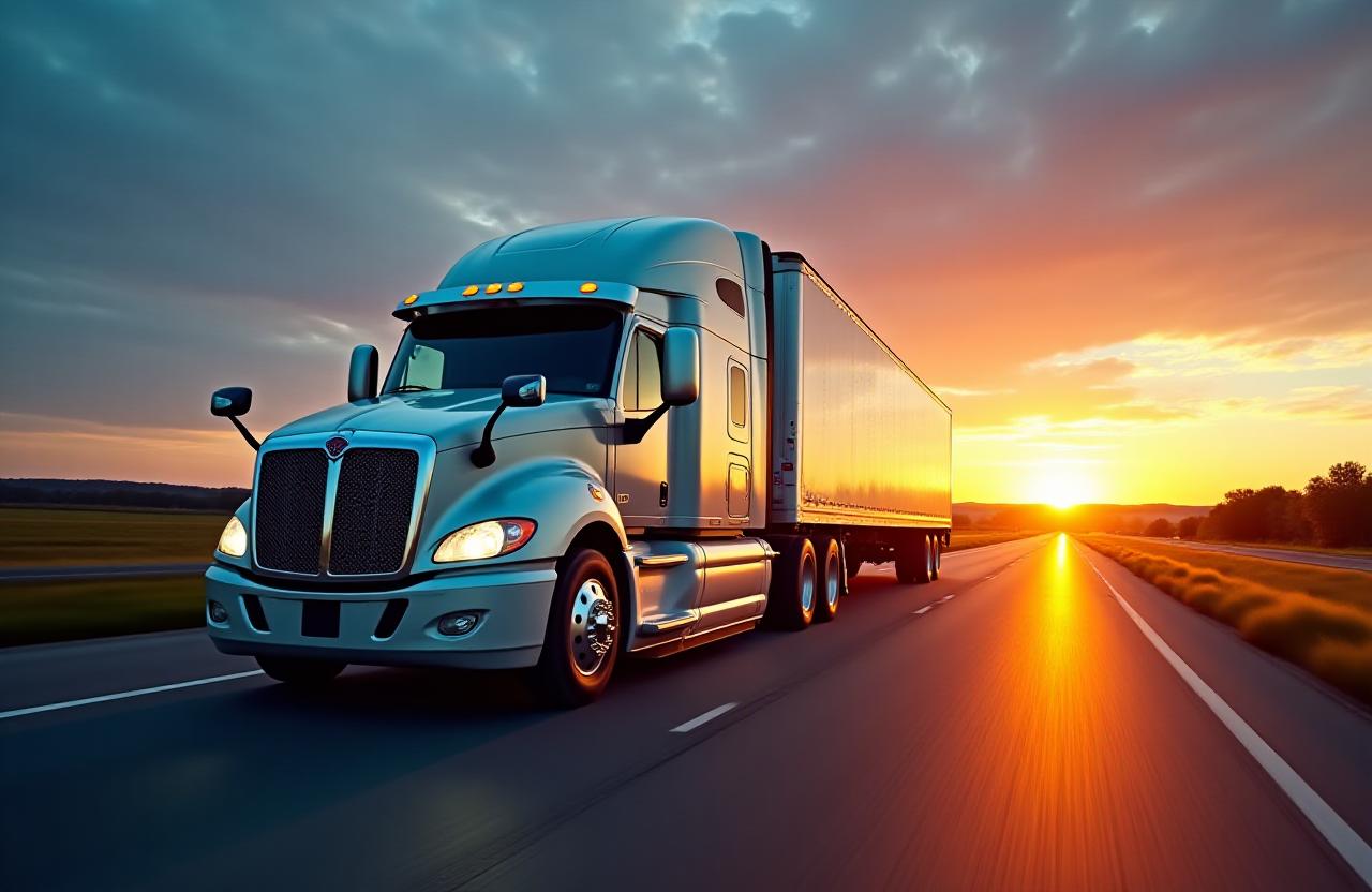Modern logistics fleet on the road during sunset